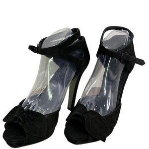Hoss‎ Intropia Bow Heels Black Suede Peep Toe Ankle Strap Sandals Size 10Spain